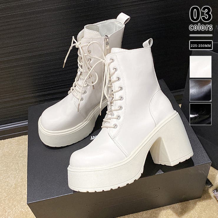 ホワイト | 厚底レースアップブーツ 厚底ブーツ ショートブーツ | COCOMOMO
