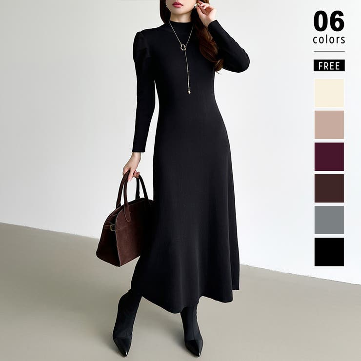 ブラック | パススリーブワンピース ニットワンピース ロングワンピース | COCOMOMO
