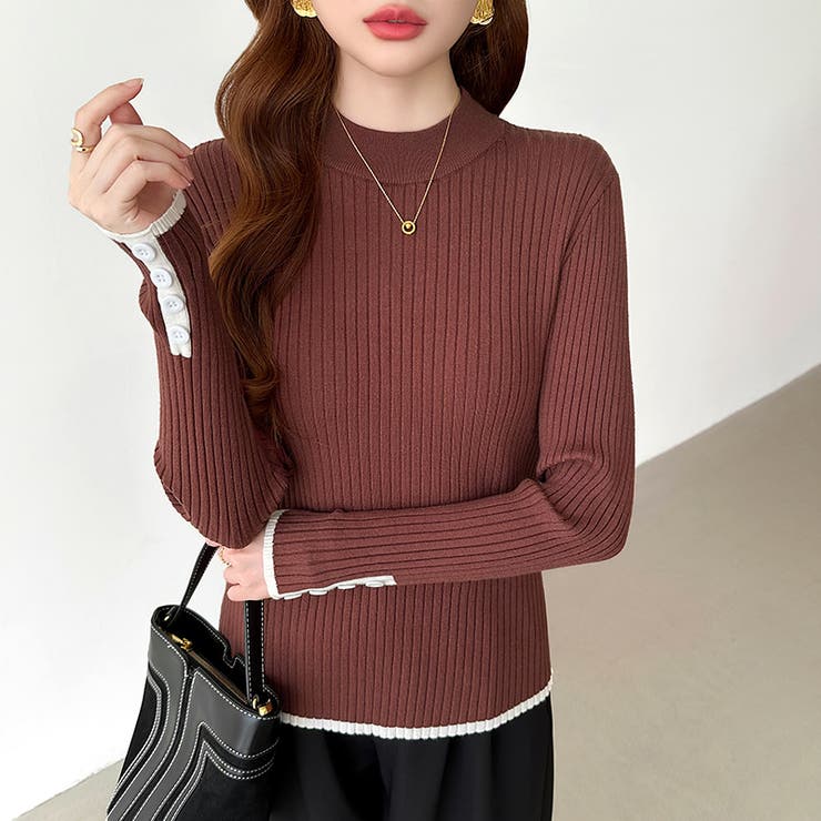 新色登場！袖ボタン配色ニット リブニット バイカラーニット | COCOMOMO | 詳細画像10 