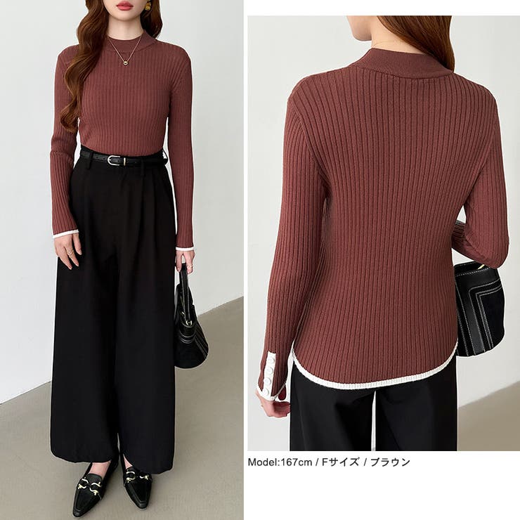 新色登場！袖ボタン配色ニット リブニット バイカラーニット | COCOMOMO | 詳細画像14 