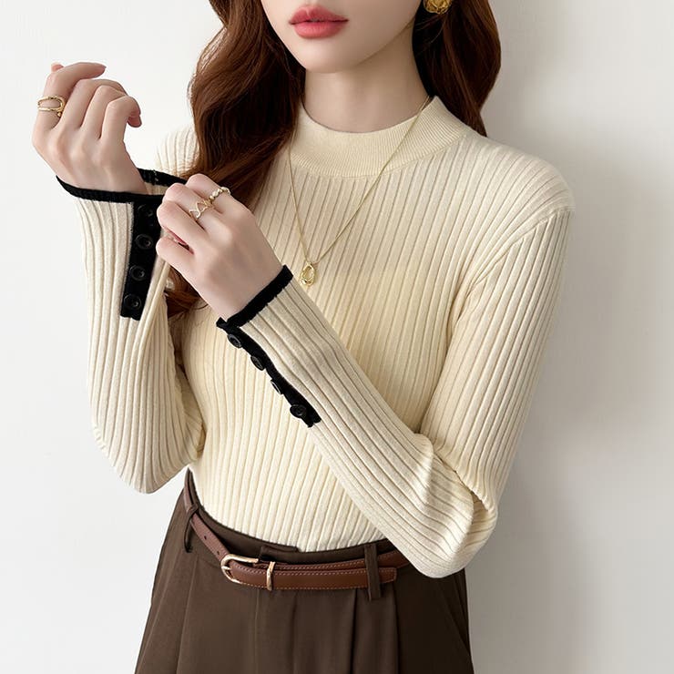 新色登場！袖ボタン配色ニット リブニット バイカラーニット | COCOMOMO | 詳細画像20 