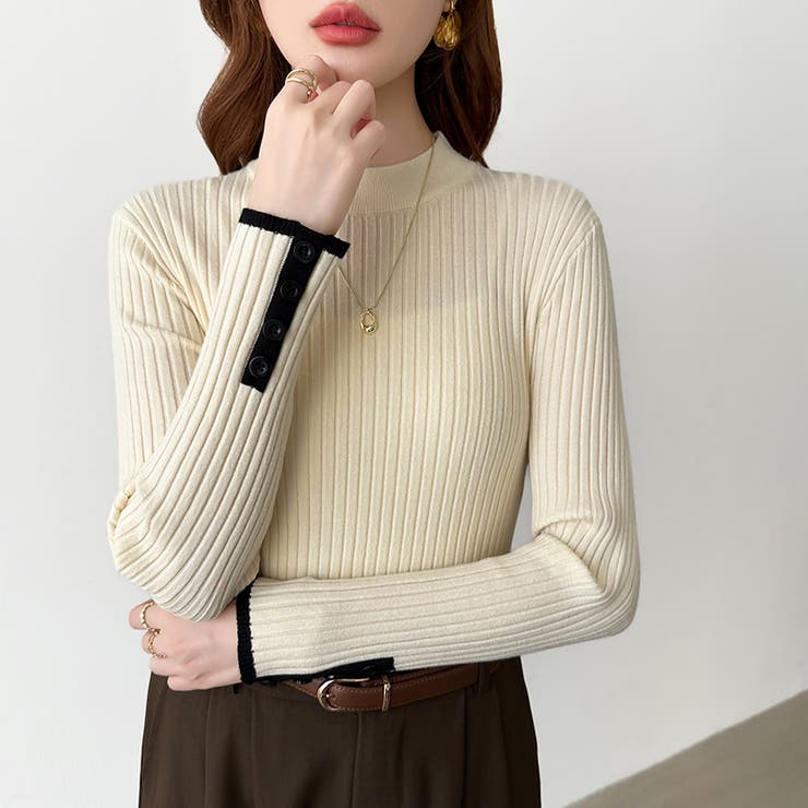 新色登場！袖ボタン配色ニット リブニット バイカラーニット | COCOMOMO | 詳細画像24 