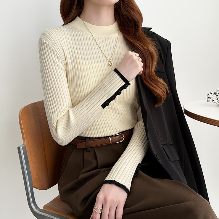 新色登場！袖ボタン配色ニット リブニット バイカラーニット | COCOMOMO | 詳細画像25 