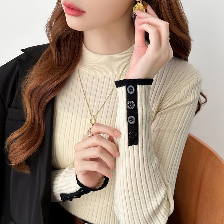 新色登場！袖ボタン配色ニット リブニット バイカラーニット | COCOMOMO | 詳細画像26 