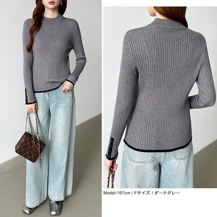 新色登場！袖ボタン配色ニット リブニット バイカラーニット | COCOMOMO | 詳細画像31 