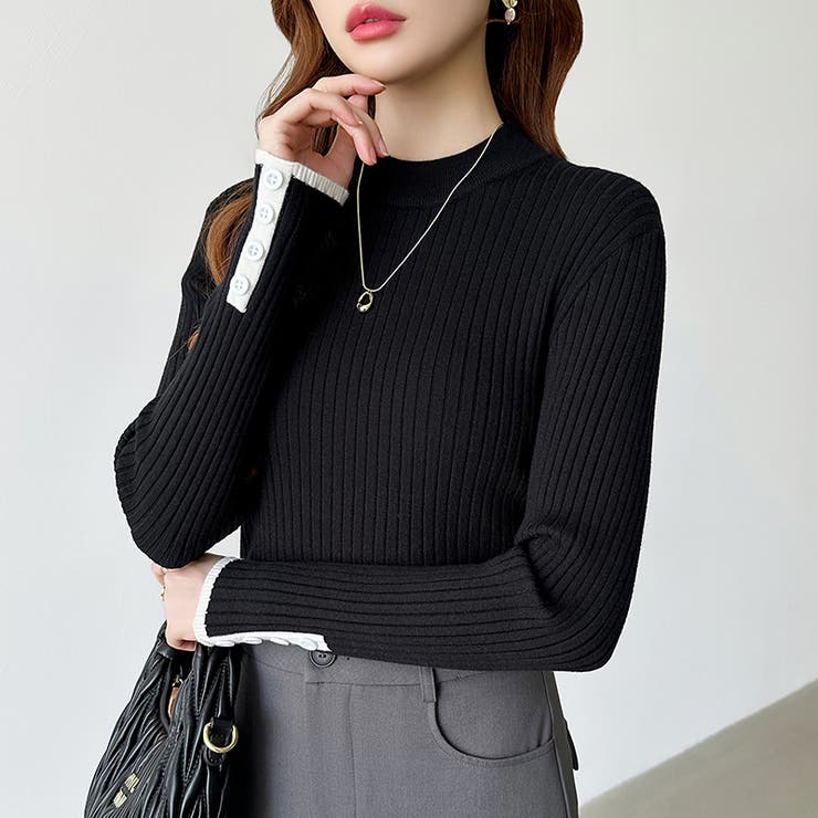 新色登場！袖ボタン配色ニット リブニット バイカラーニット | COCOMOMO | 詳細画像4 