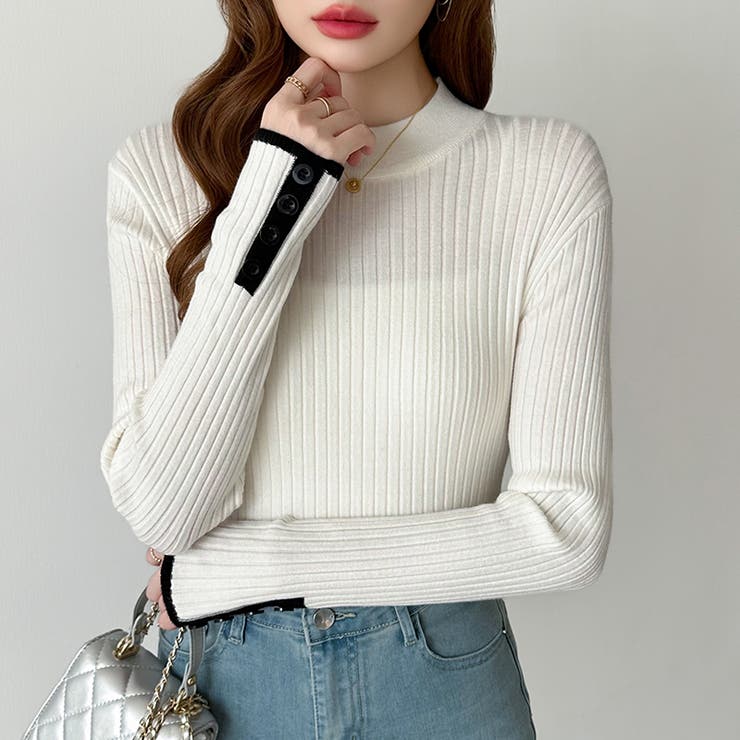 新色登場！袖ボタン配色ニット リブニット バイカラーニット | COCOMOMO | 詳細画像35 