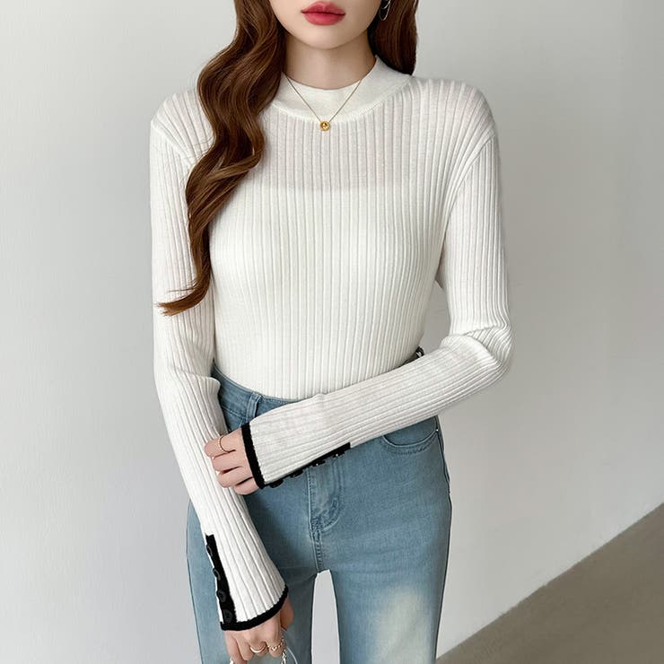 新色登場！袖ボタン配色ニット リブニット バイカラーニット | COCOMOMO | 詳細画像36 