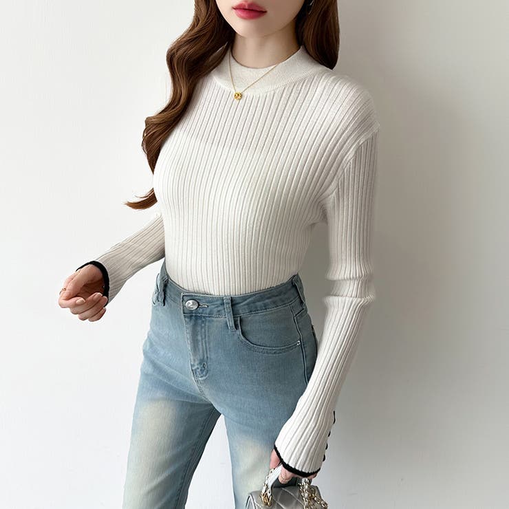 新色登場！袖ボタン配色ニット リブニット バイカラーニット | COCOMOMO | 詳細画像37 