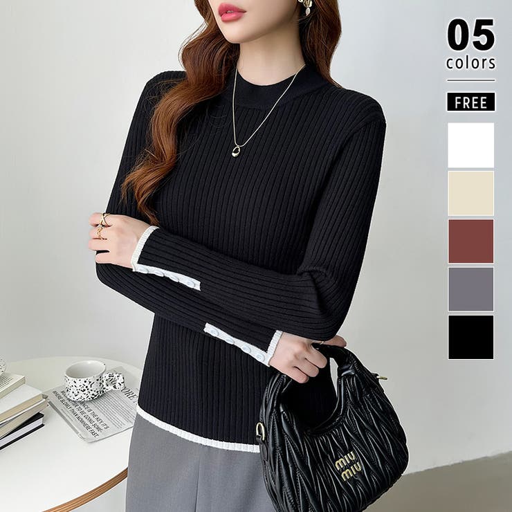 ブラック | 新色登場！袖ボタン配色ニット リブニット バイカラーニット | COCOMOMO
