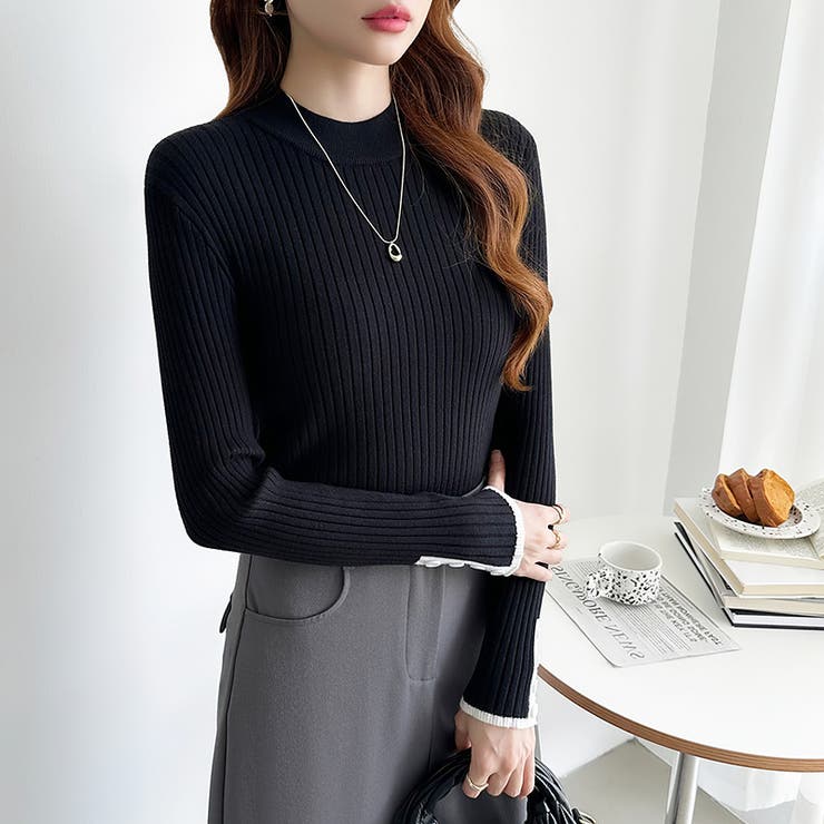 新色登場！袖ボタン配色ニット リブニット バイカラーニット | COCOMOMO | 詳細画像7 