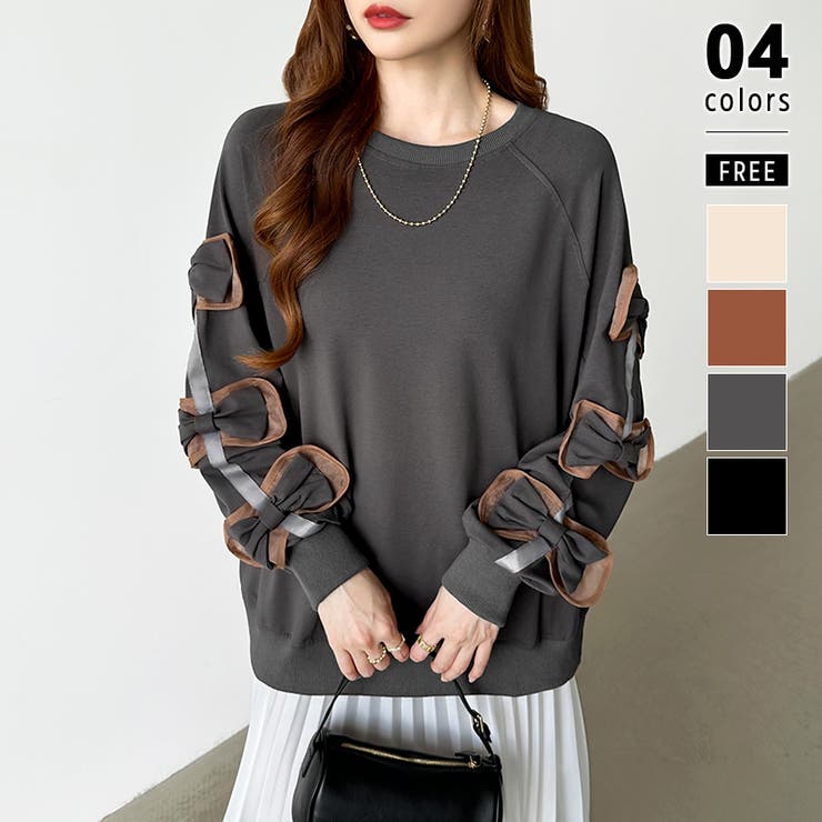 グレー | 袖リボントップス トレーナー 韓国ファッション | COCOMOMO