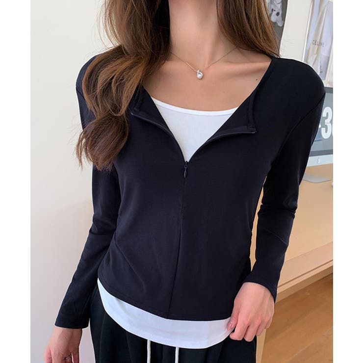 レイヤード風カットソー ハーフジップ 長袖カットソー | COCOMOMO | 詳細画像1 