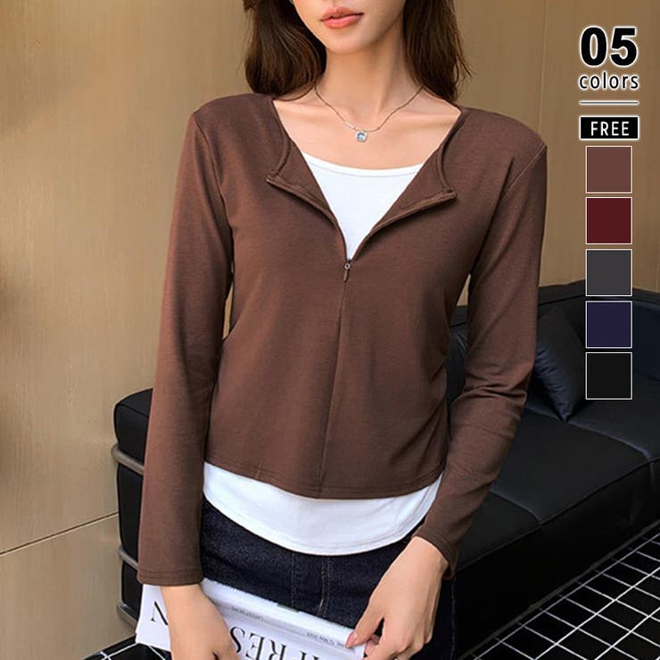 ブラウン | レイヤード風カットソー ハーフジップ 長袖カットソー | COCOMOMO