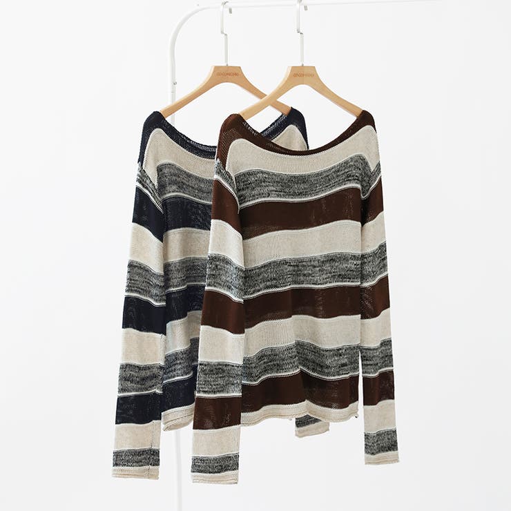 ボーダーニット ワンショルニット ルーズニット | COCOMOMO | 詳細画像12 