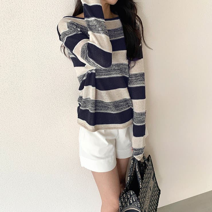 ボーダーニット ワンショルニット ルーズニット | COCOMOMO | 詳細画像10 