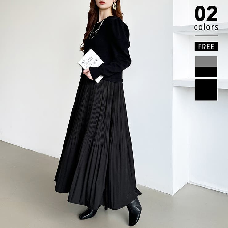 ブラック | ドッキングワンピース プリーツワンピース 切り替えワンピース | COCOMOMO