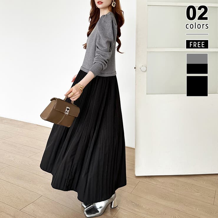 グレー | ドッキングワンピース プリーツワンピース 切り替えワンピース | COCOMOMO