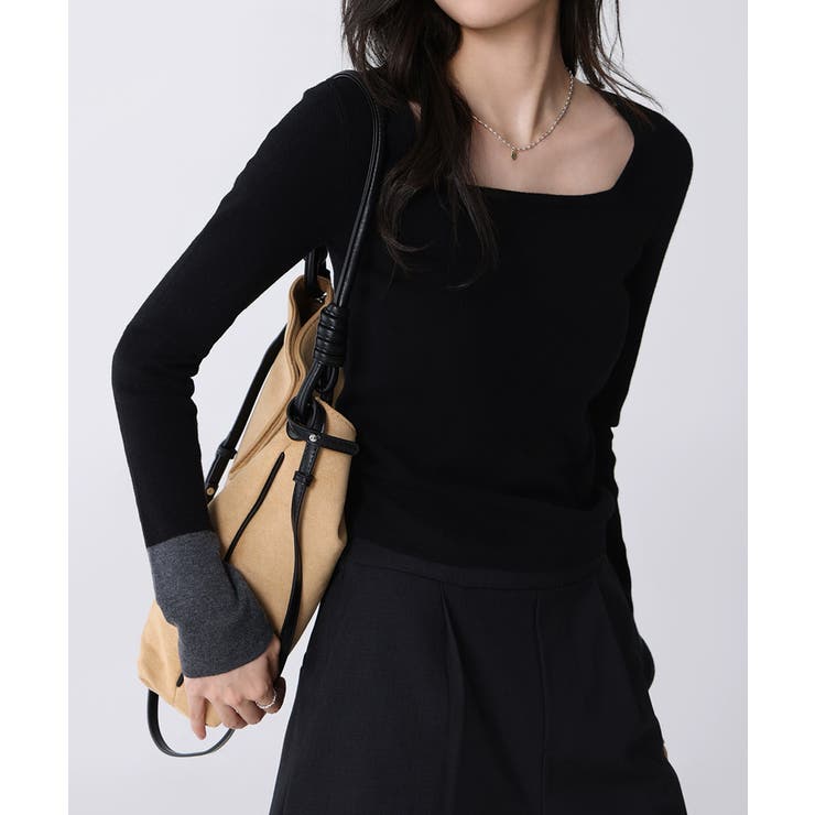 バイカラートップス 配色ニット スクエアネック | COCOMOMO | 詳細画像12 