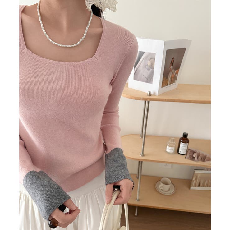 バイカラートップス 配色ニット スクエアネック | COCOMOMO | 詳細画像1 