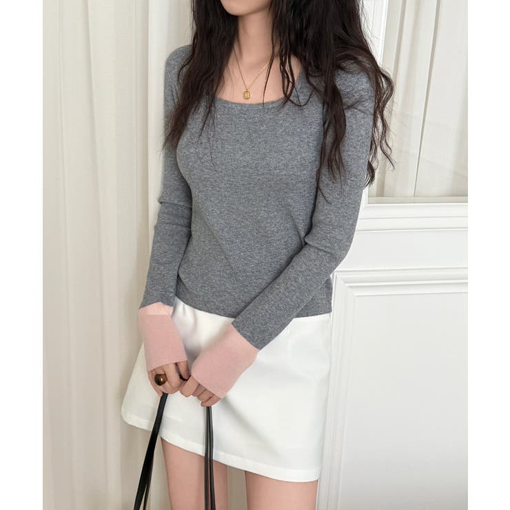 バイカラートップス 配色ニット スクエアネック | COCOMOMO | 詳細画像5 