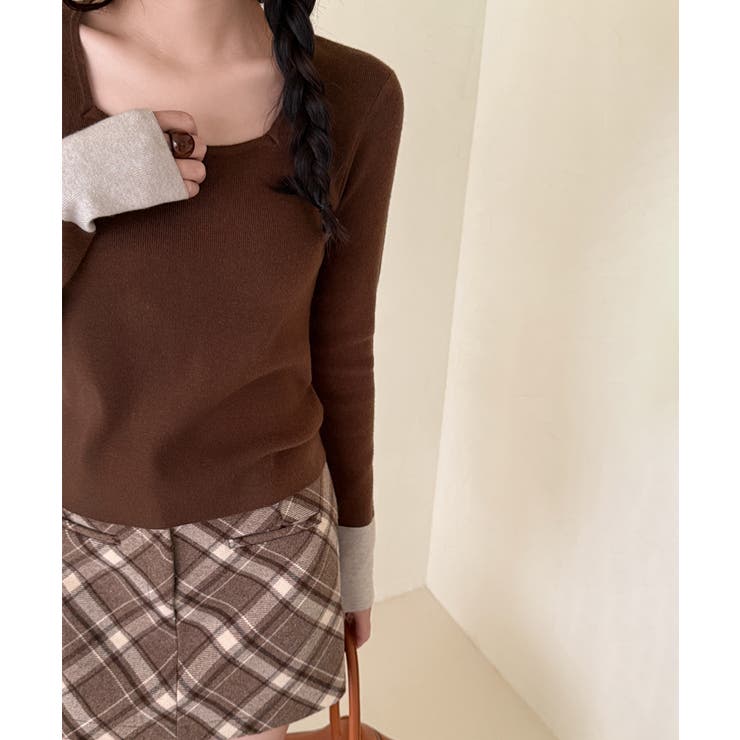 バイカラートップス 配色ニット スクエアネック | COCOMOMO | 詳細画像8 