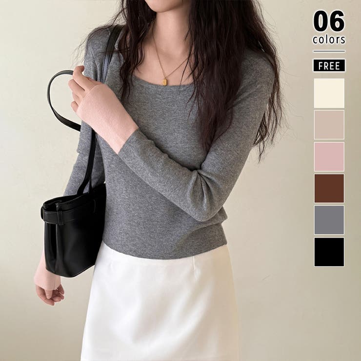 ライトグレー | バイカラートップス 配色ニット スクエアネック | COCOMOMO