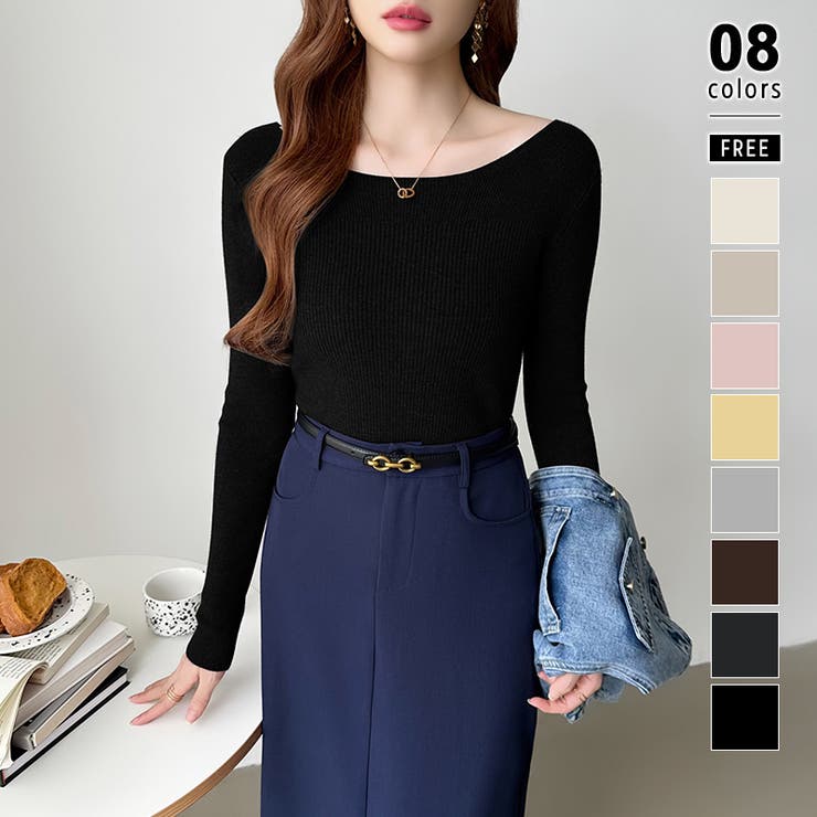 ブラック | きれいめベーシック ボートネックニット リブニット | COCOMOMO