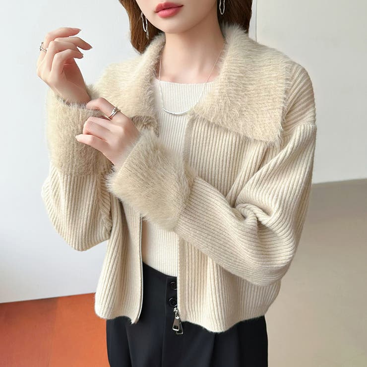 シャギー付きダブルジップカーディガン リブニット カーディガン | COCOMOMO | 詳細画像8 