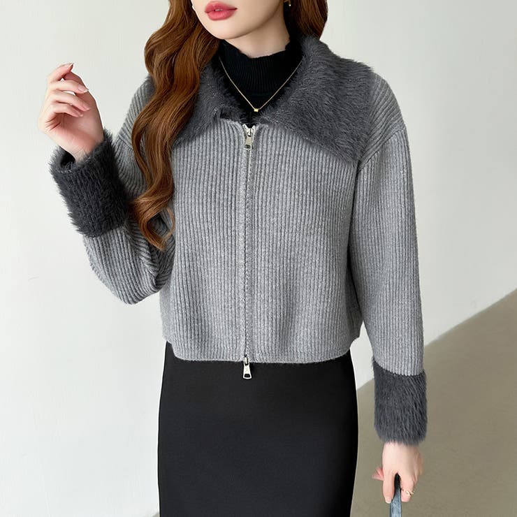 シャギー付きダブルジップカーディガン リブニット カーディガン | COCOMOMO | 詳細画像9 