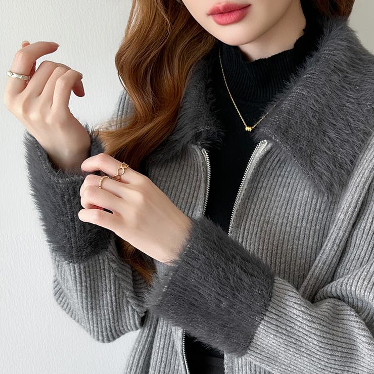 シャギー付きダブルジップカーディガン リブニット カーディガン | COCOMOMO | 詳細画像13 