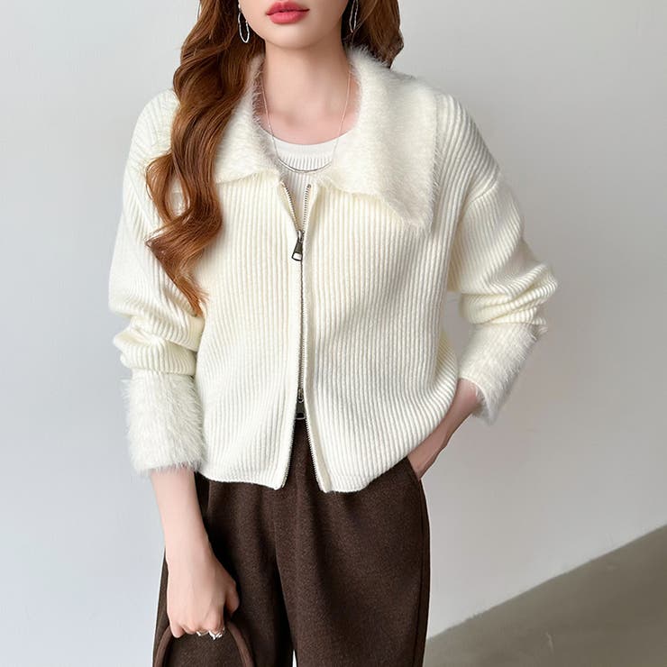 シャギー付きダブルジップカーディガン リブニット カーディガン | COCOMOMO | 詳細画像31 