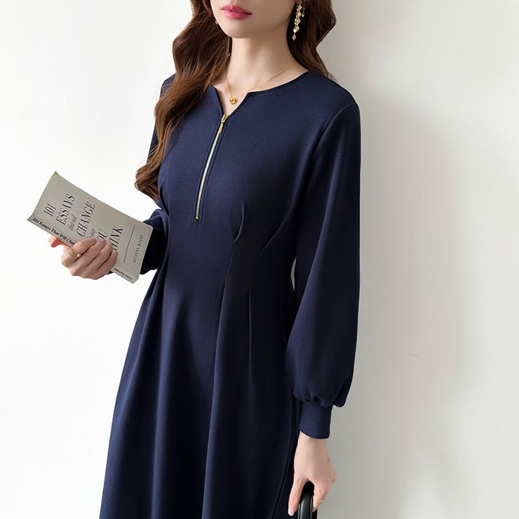 前後2wayで楽しめる ウエストタックワンピース ハーフジップワンピース | COCOMOMO | 詳細画像14 