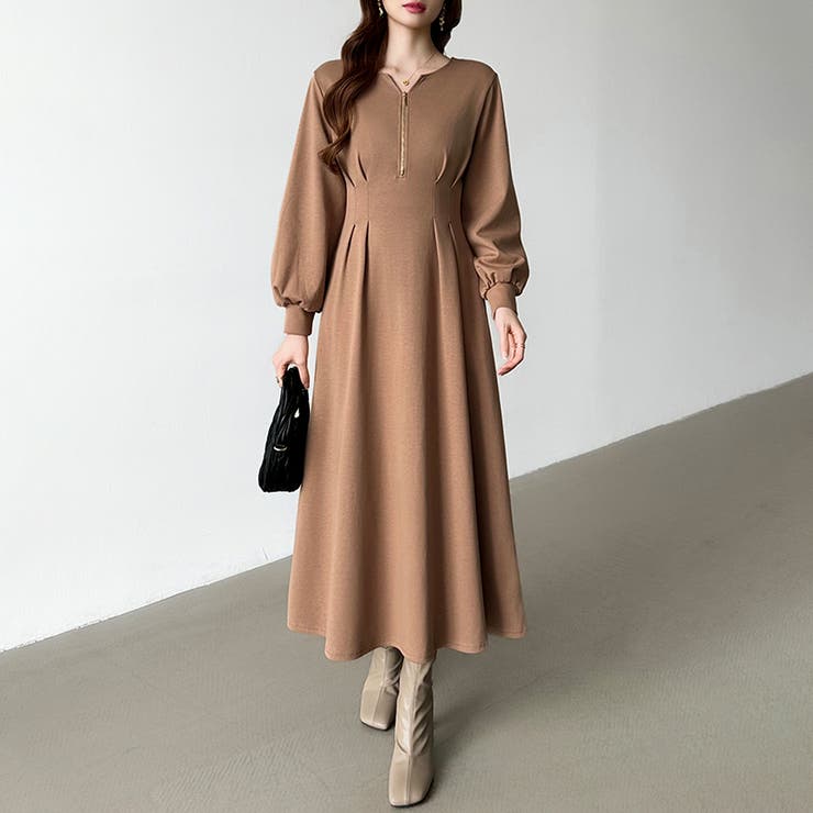 前後2wayで楽しめる ウエストタックワンピース ハーフジップワンピース | COCOMOMO | 詳細画像19 