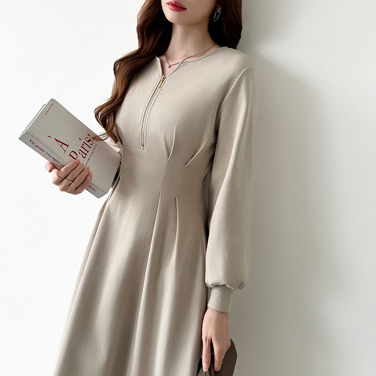 前後2wayで楽しめる ウエストタックワンピース ハーフジップワンピース | COCOMOMO | 詳細画像5 