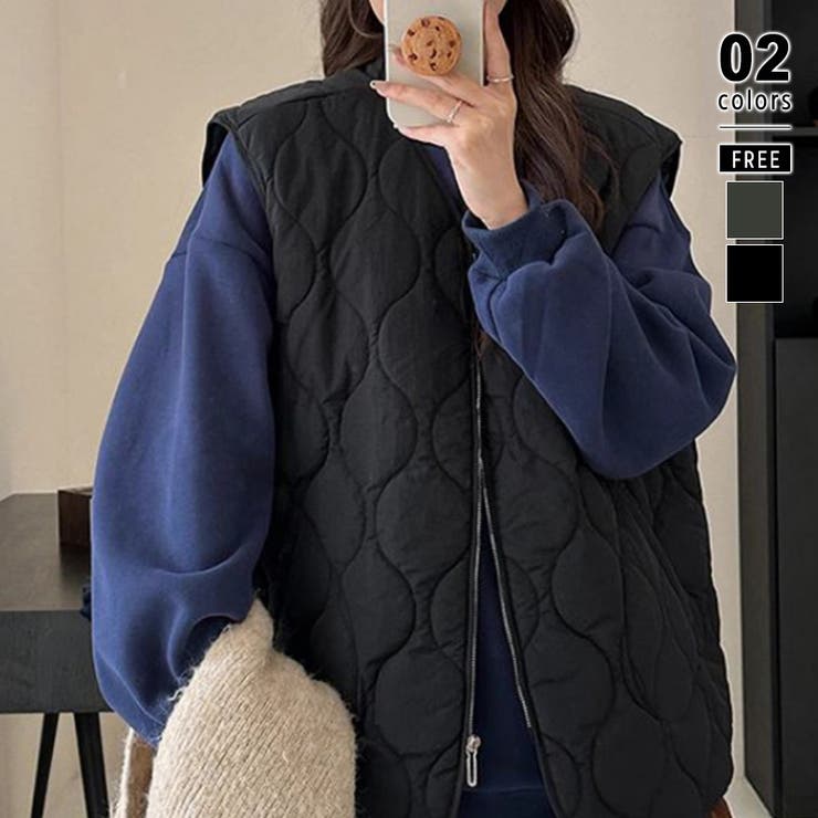 ブラック | キルティングベスト Vネックベスト 中綿ベスト | COCOMOMO