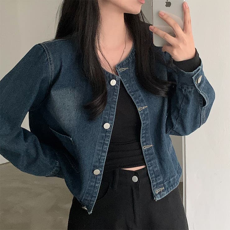 ノーカラーデニムジャケット デニムジャケット ブルゾン | COCOMOMO | 詳細画像10 