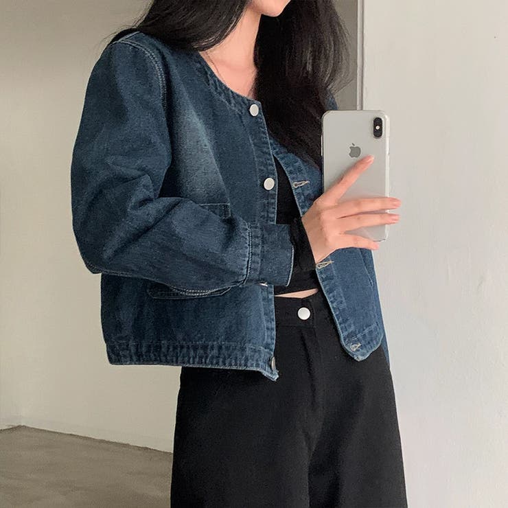 ノーカラーデニムジャケット デニムジャケット ブルゾン | COCOMOMO | 詳細画像11 