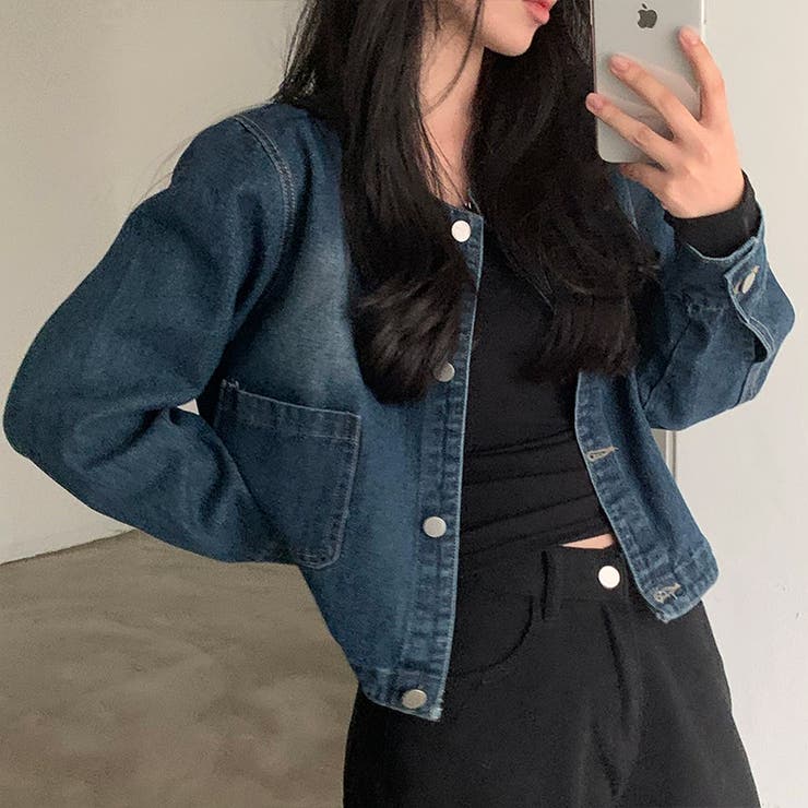 ノーカラーデニムジャケット デニムジャケット ブルゾン | COCOMOMO | 詳細画像14 