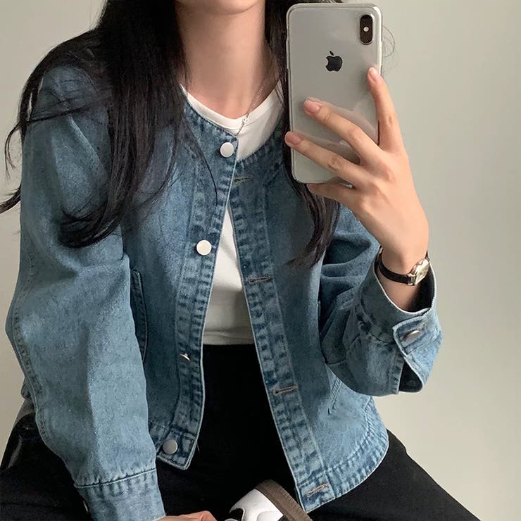 ノーカラーデニムジャケット デニムジャケット ブルゾン | COCOMOMO | 詳細画像6 