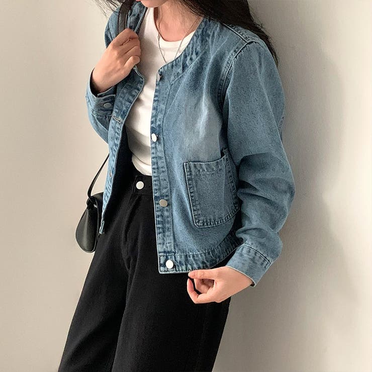 ノーカラーデニムジャケット デニムジャケット ブルゾン | COCOMOMO | 詳細画像8 