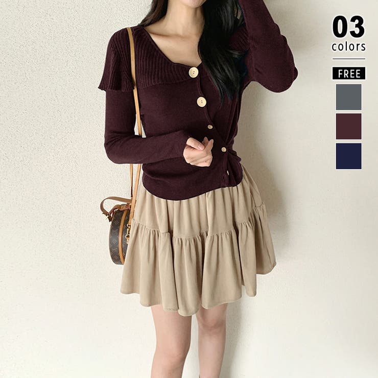 ワインレッド | ビッグカラーニット カーディガン アシンメトリーニット | COCOMOMO