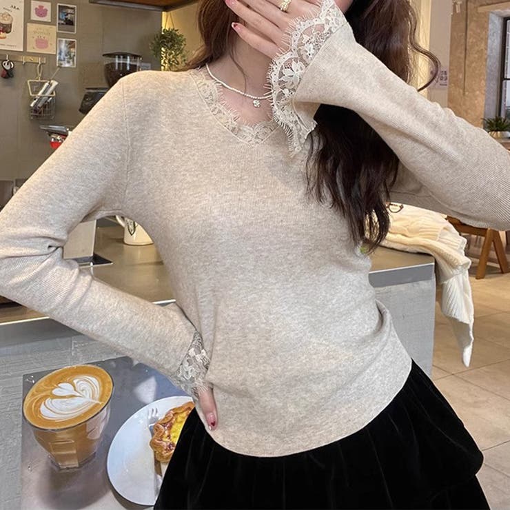 レースニット vネックニット レイヤードトップス | COCOMOMO | 詳細画像12 