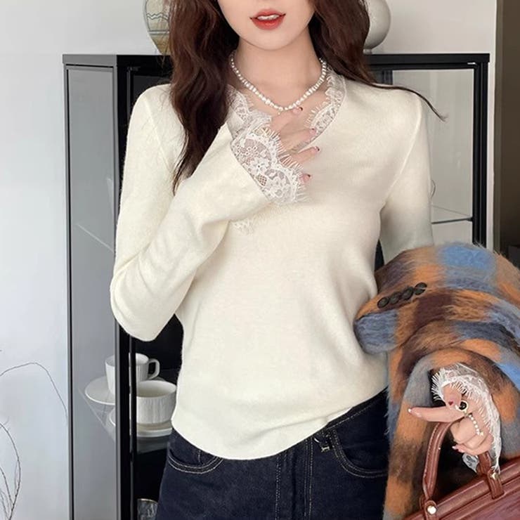 レースニット vネックニット レイヤードトップス | COCOMOMO | 詳細画像1 