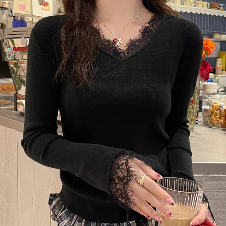 レースニット vネックニット レイヤードトップス | COCOMOMO | 詳細画像24 