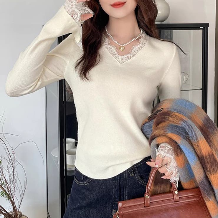 レースニット vネックニット レイヤードトップス | COCOMOMO | 詳細画像2 