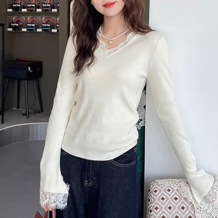 レースニット vネックニット レイヤードトップス | COCOMOMO | 詳細画像3 