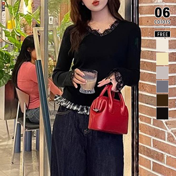 ブラック | レースニット vネックニット レイヤードトップス | COCOMOMO