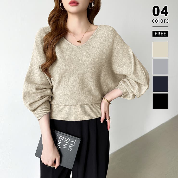 ベージュ | バックリボンニット Vネック ドルマンニット | COCOMOMO