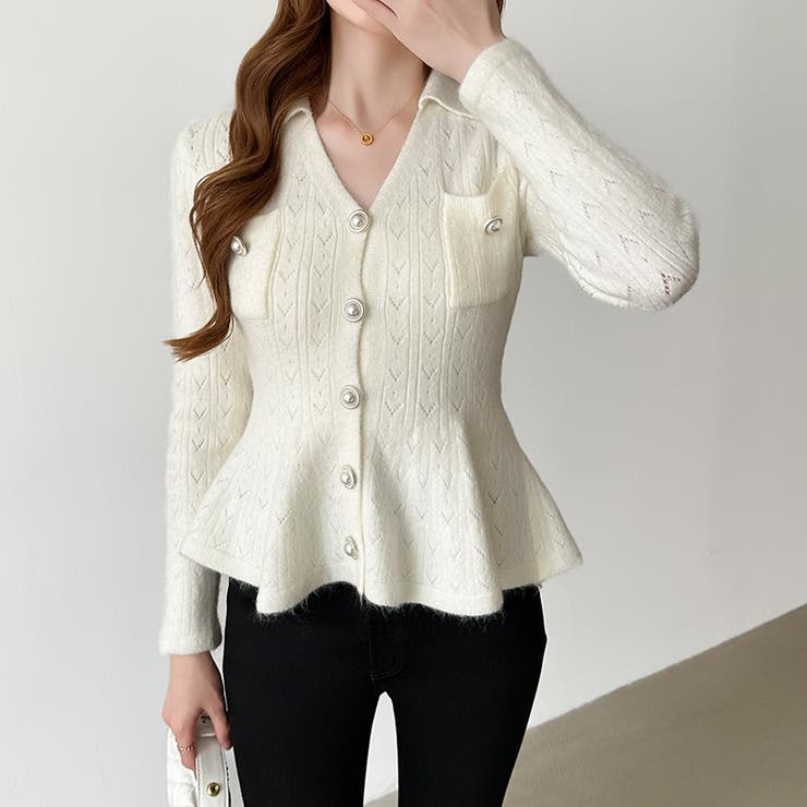 ペプラムニットカーディガン カーディガン ペプラムトップス[品番